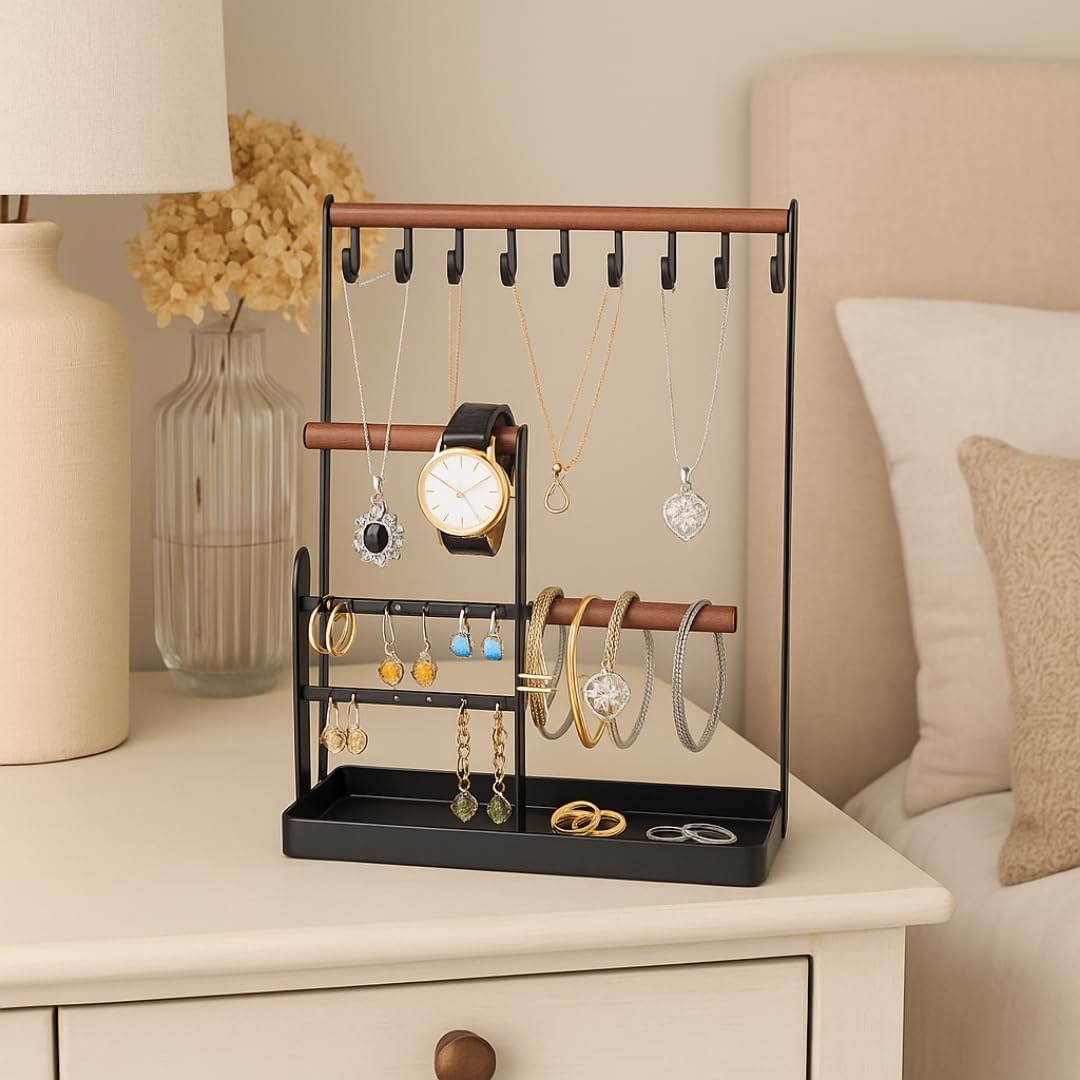 Prestige & Fancy Jewelry Organizer Stand, Jewelry Holder For all Jewelry, Necklace Organizer, Earring Holder organizer, Ring Tray, Jewelry Display Stand Rack, bedroom dresser decor, (Black)