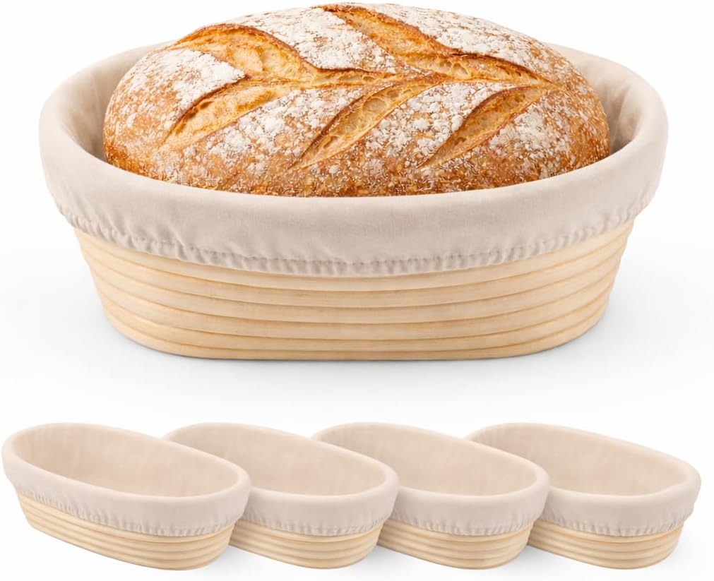 4 Pack 10 Inch Oval Banneton Bread Proofing Basket, Rattan Sourdough Bread Baskets with Liners for Home Baking
