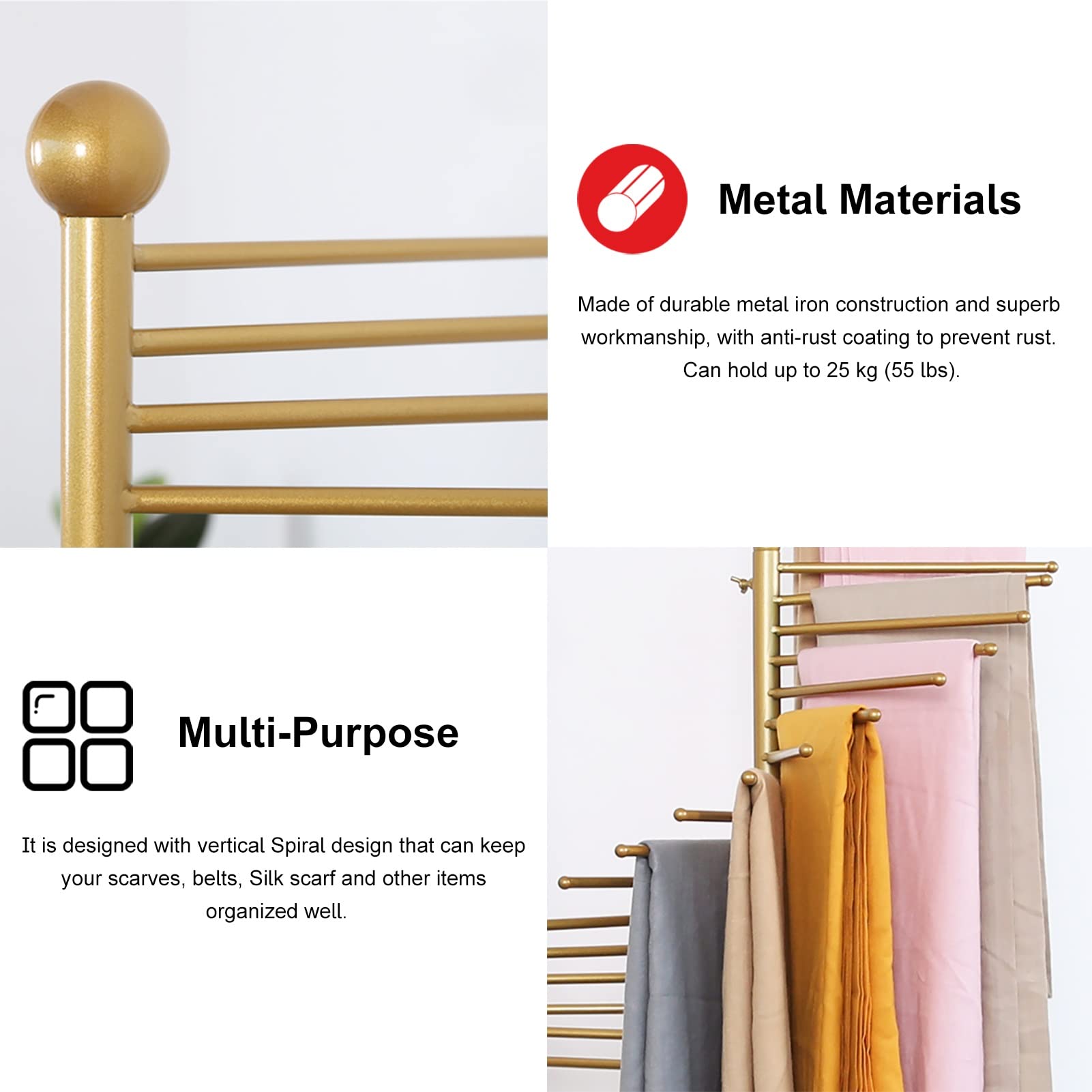 Organizador de bufandas en espiral con 30 perchas, barras de gran capacidad, soporte de piso para bufandas, corbatas, cinturones, pantalones, dorado, 67 pulgadas de alto