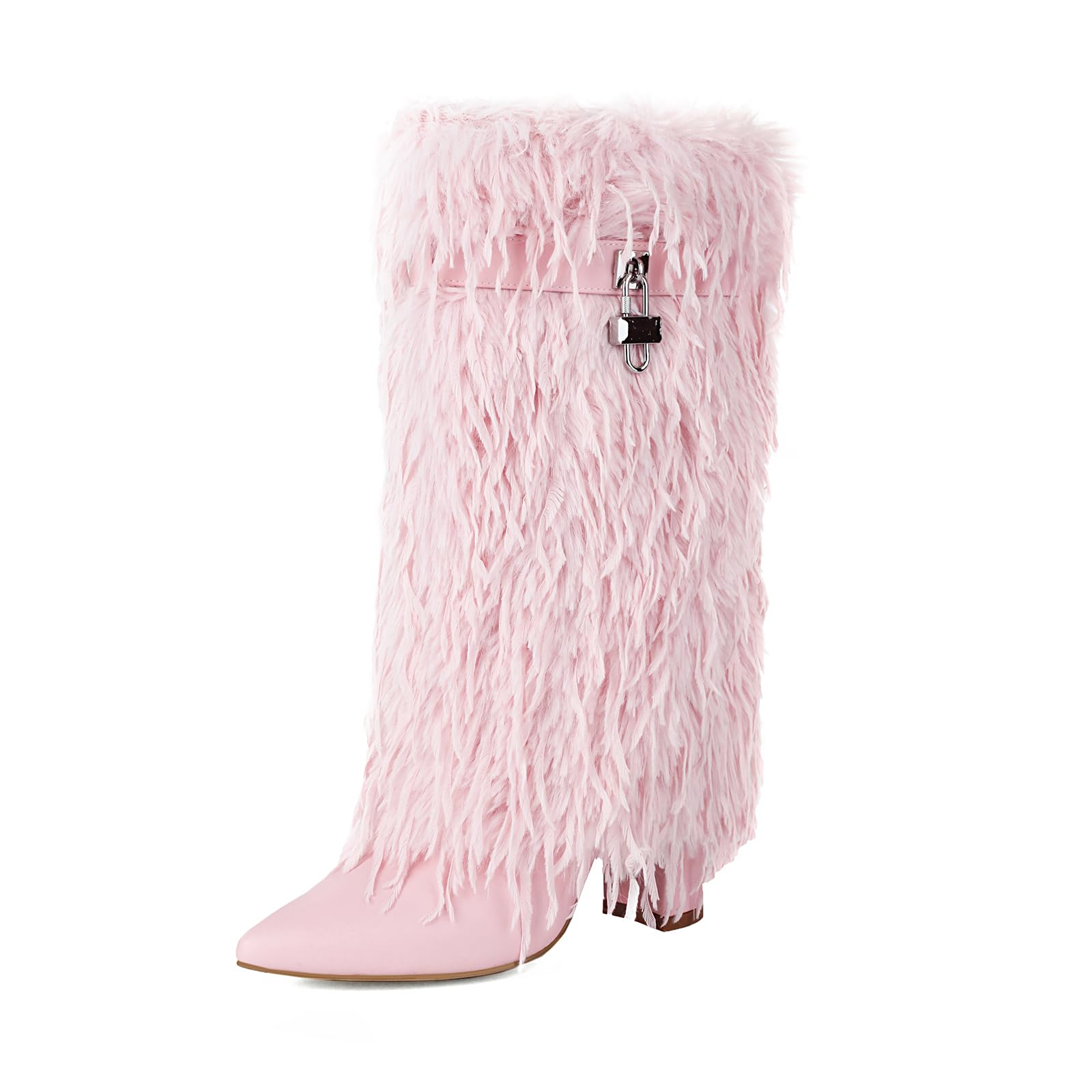 AIJIVOU Women Fold Over Faux Fur Mid Calf Boots Chunky Heel Point Toe Shark Boot Fashion Pull On