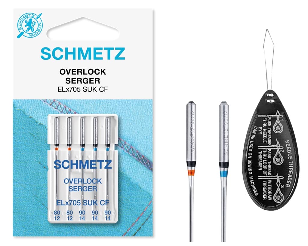 Ipc Sewing Parts Silver Overlock/Serger Elx705 Suk Cf Ballpoint (Medium Ball Point, Chrome Finish) Coverstitch Sewing Machine Needles, Assorted Mixed Sizes 80/12 And 90/14, Includes Large Needle Threader