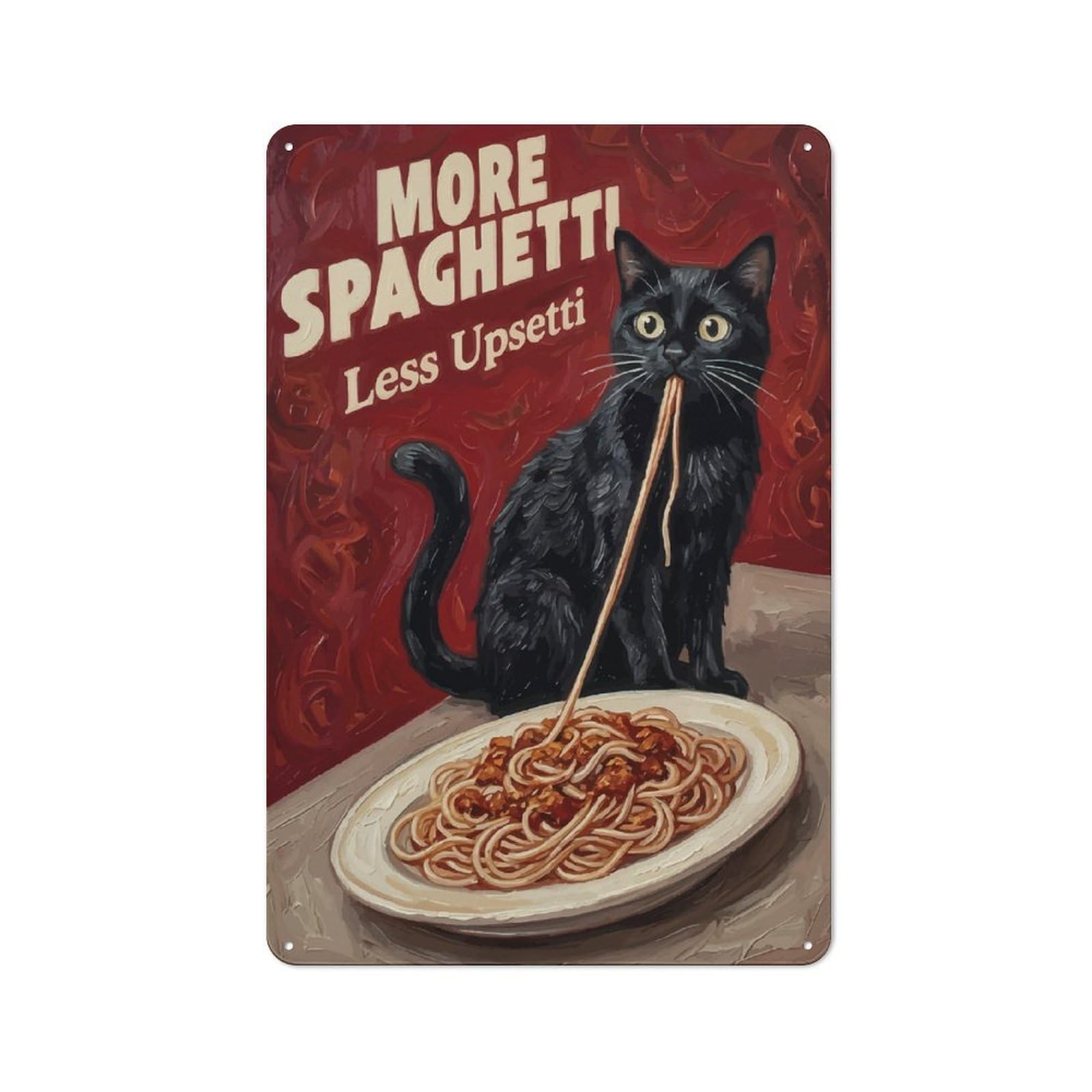 Junmoney Style-23 Black Cat Eating Spaghetti Tin Wall Plaque 30X20cm, Barn Style Rustic Kitchen Decor For Farmhouse Kitchen, Pantry Or Dining Area
