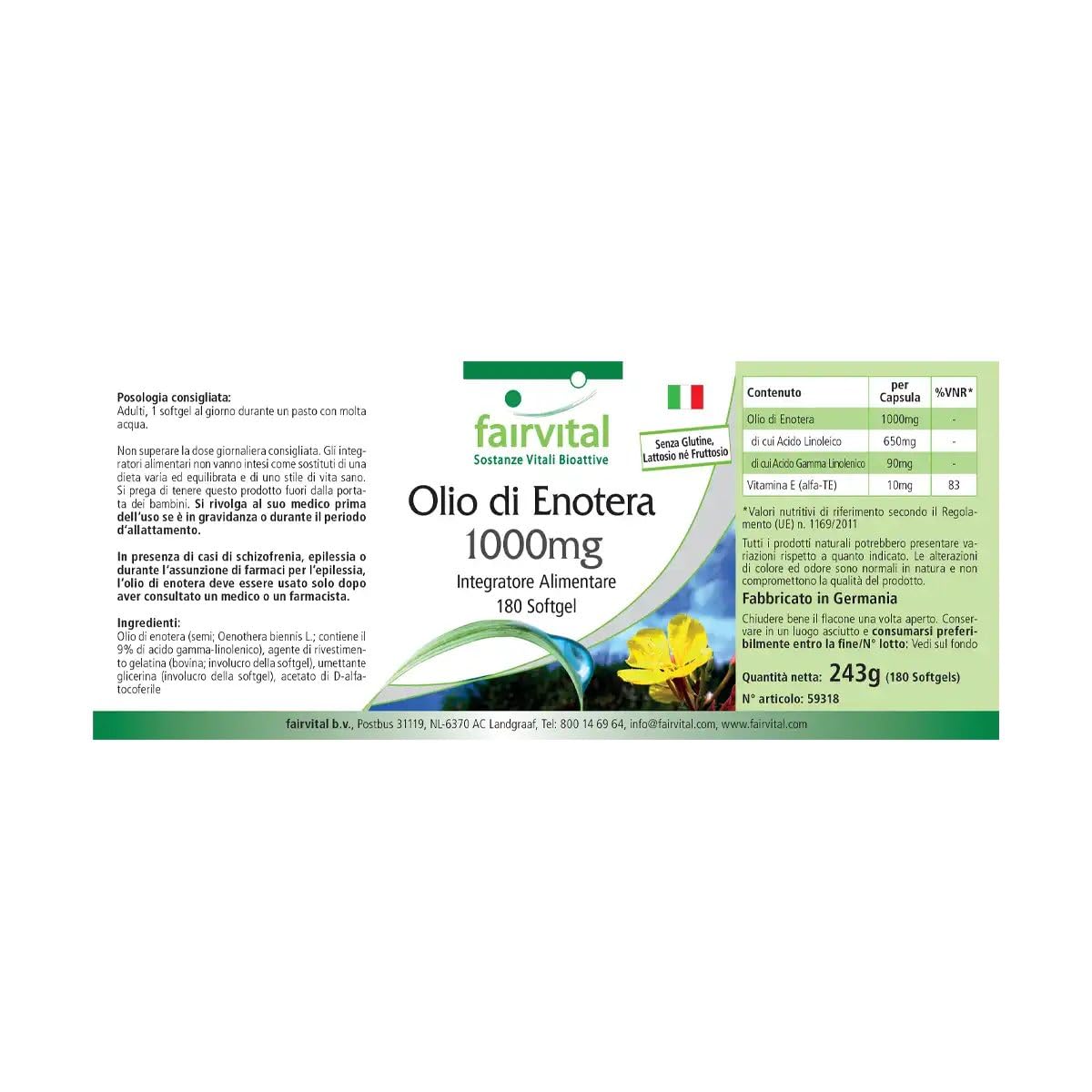 fairvital Nachtkerzenöl 1000 mg, 180 Softgels, Omega-6-Fettsäuren, 65% Linolsäure & 9% Gamma-Linolensäure, Für 1/2 Jahr, qualitätsgeprüft und hochdosiert