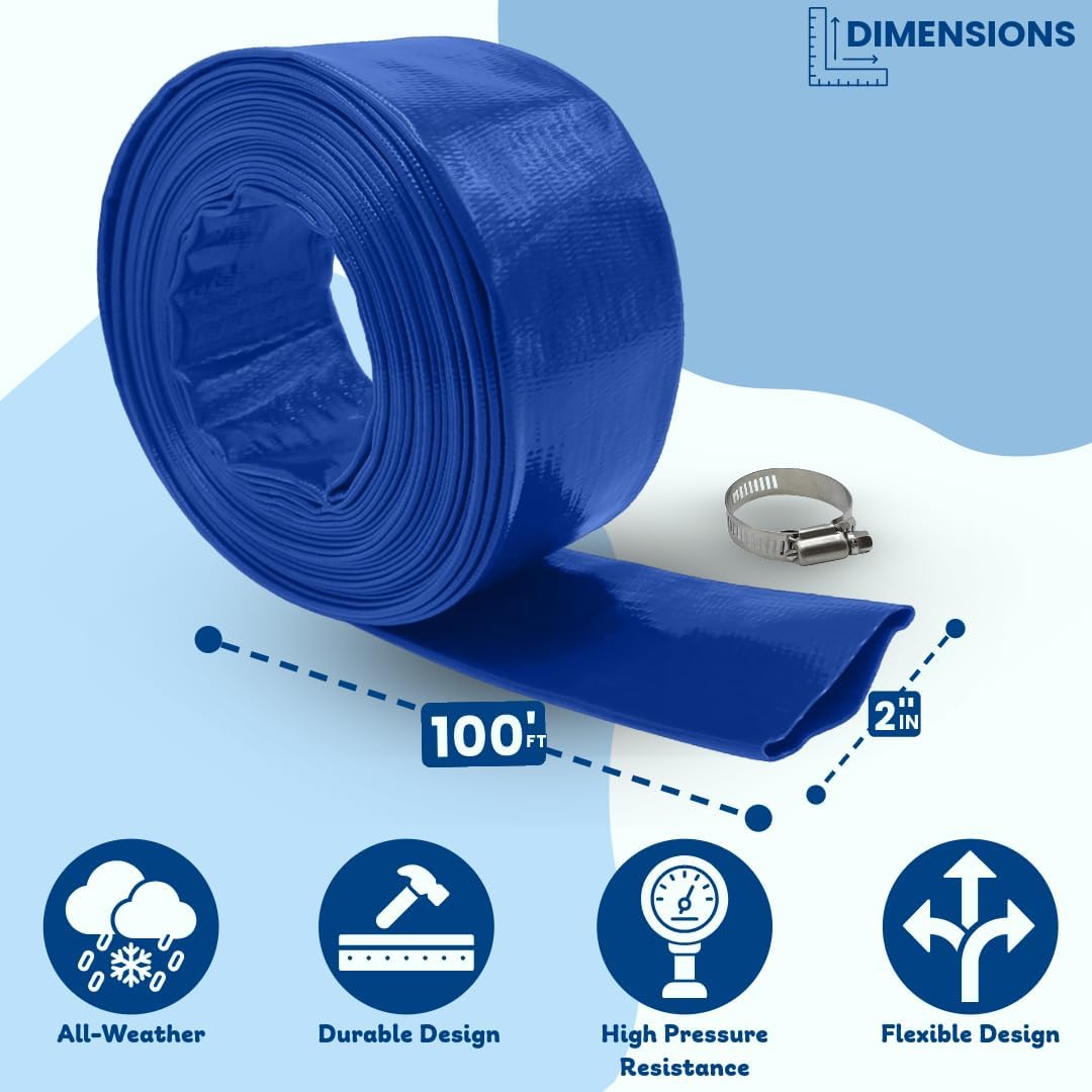 Poolzilla 2" x 100' Heavy Duty Swimming Pool Backwash Hose - Extra Thick PVC Drain Hose For Above Ground Pools and Inground Pools-Designed For Maximum Flow - 1 Hose With Stainless Steel Clamp