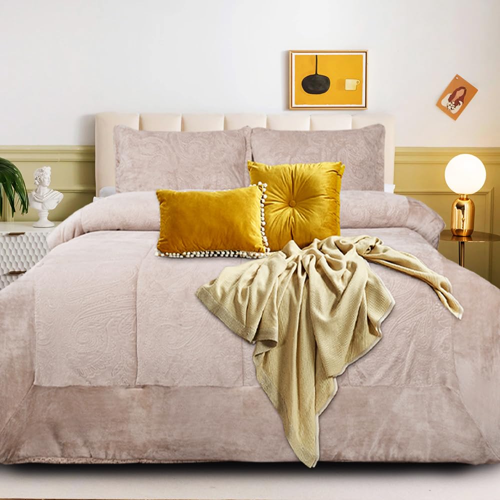 B&B Bedspread Bed Throw Super King Size Bed Blanket Sherpa Fleece Plush Warm Cozy Bedspread Coverlet Comforter Set - 3 Piece Bedding Sets with 2 Matching Pillow Shams - Beige Paris