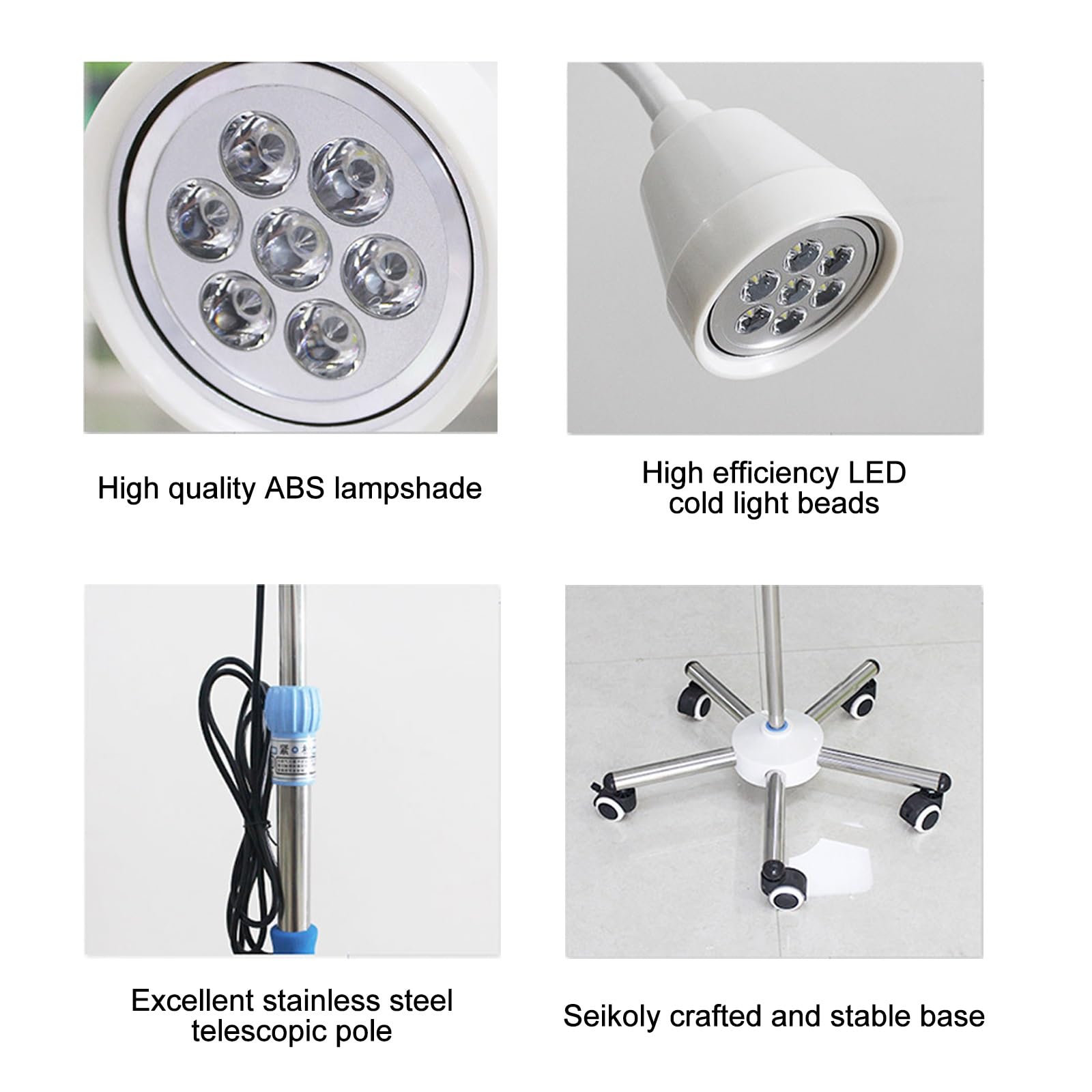 Lampada per Esami Chirurgici, Lampada da Pavimento Mobile, Lampada per Esami Medici Regolabile in Altezza per Ginecologia, Ambulatorio, Stomatologia, Ent