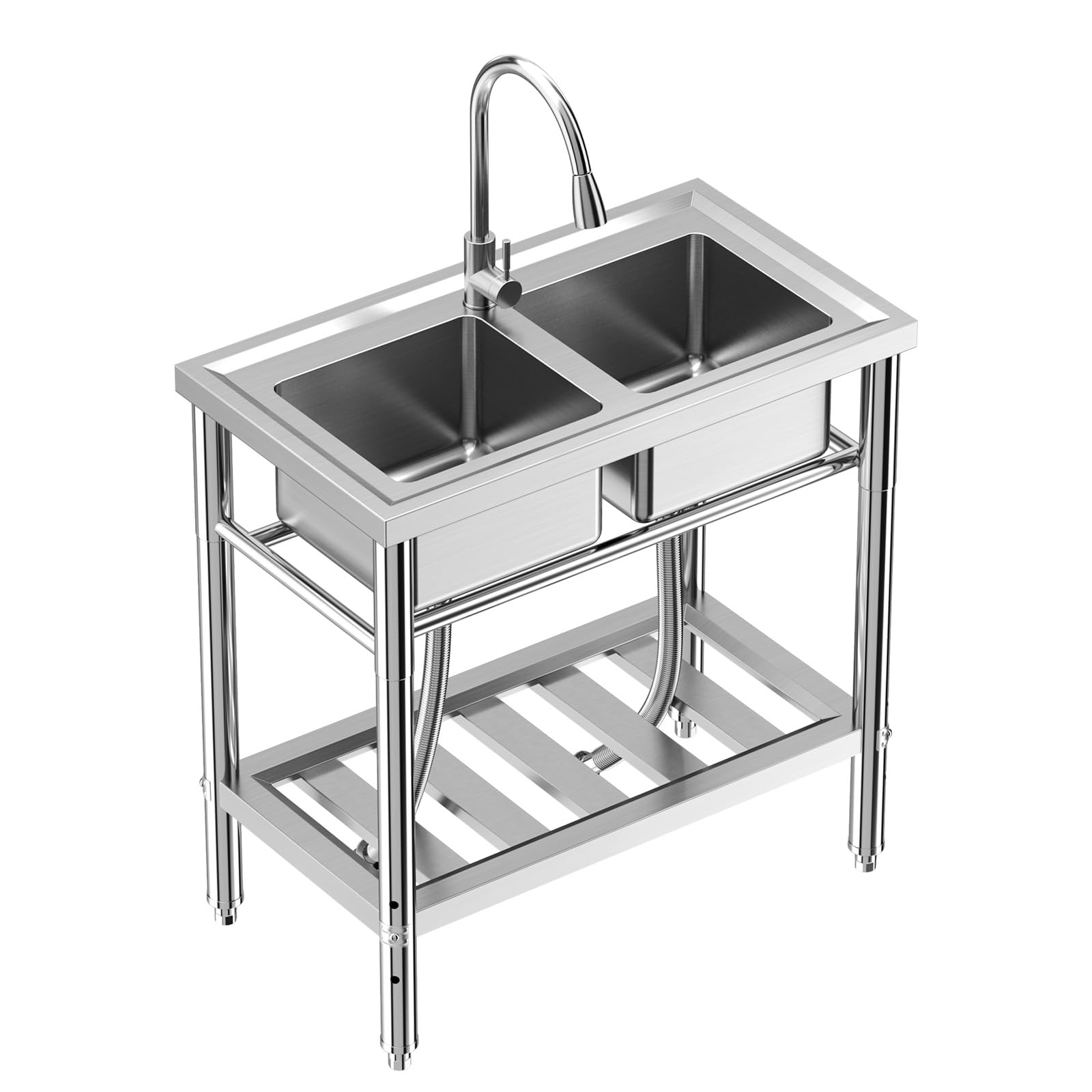 AffinityFurn Stainless Steel Utility Sink Double Bowl, NSF Certified 304 Freestanding Commercial Restaurant Sink with Adjustable Legs and Faucet, for Garden, Kitchen, Laundry Room, Garage, 33x18x30in