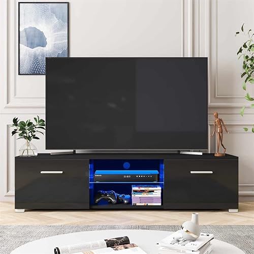 Miniatura 4 de SAWQF - Mesas de TV LED para sala de estar 57 pulgadas soporte de mueble de TV con 2 cajones y estantes de cristal