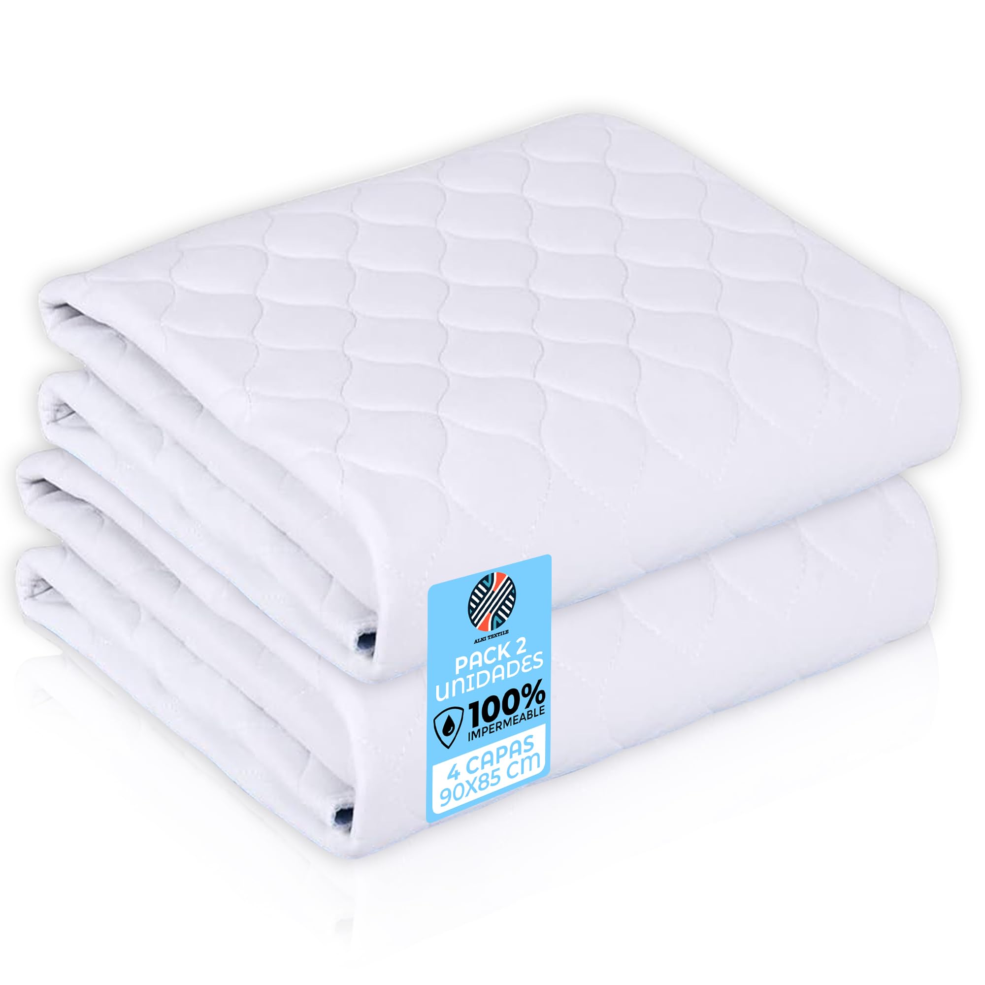Lot de 2 alèses blancs lavables 90 x 85 cm 4 couches Protège-lit réutilisable Fabriqué en Espagne Idéal pour enfants, matelas bébé et animaux