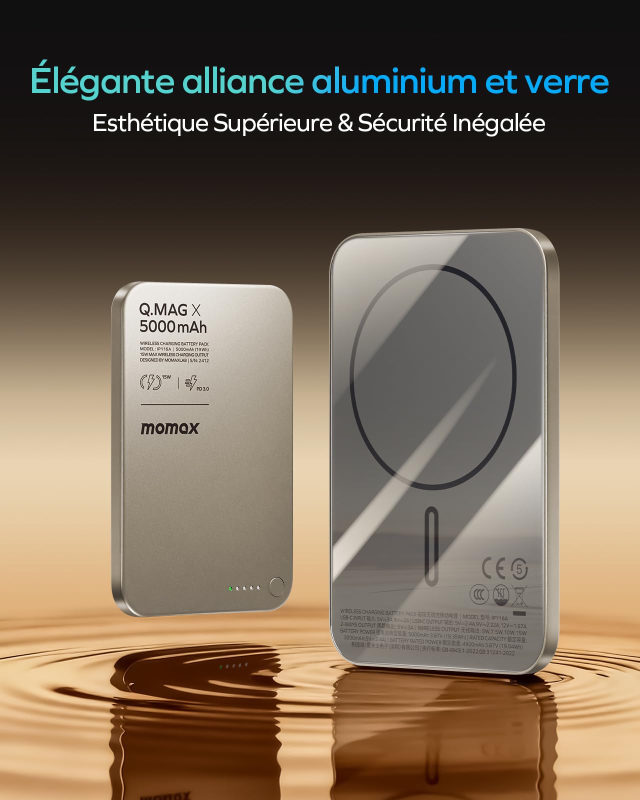 MOMAX Batterie Externe Magnétique sans Fil 5000 mAh, Chargeur Portable Ultra-Fin de 0,76 cm Compatible MagSafe, Recharge Rapide USB-C PD 20 W, pour Les séries iPhone 17/16/15/14/13/12