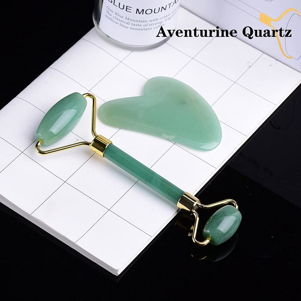 LiuliuBull Rodillo de Jade Original y Ruedas de gua sha Rodillo para Cara 100% Natural de Rosa de Cuarzo masajeador para Arrugas Anti envejecimiento (Color : Aventurine Quartz)