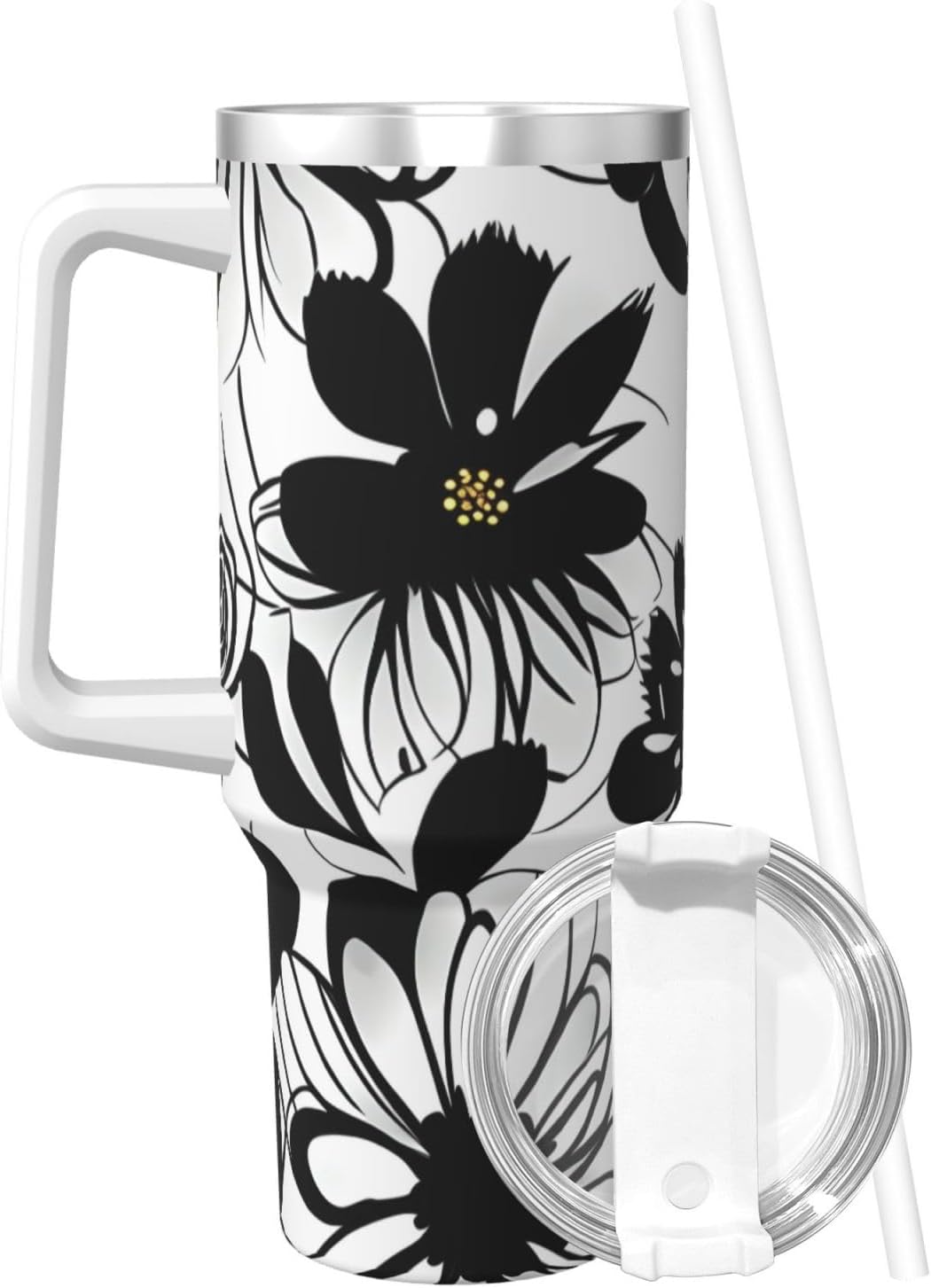 40 OZ Black and White Flowers Print Ice Bully Cup with Handle Straw Lid Straw,Stainless Steel Tumbler Coffee Cup