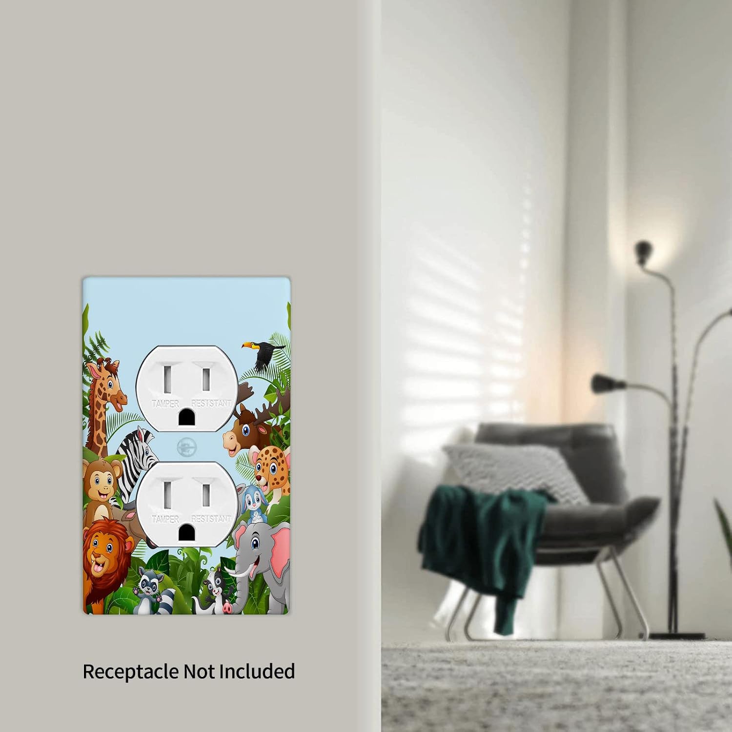 Cartoon Forest Animals 1 Gang Duplex Light Switch Cover, Cute Elephant Giraffe Lion Outlet Covers Wall Plate Decorative Electrical Receptacle Faceplate for Kitchen Bathroom Home Art Wall Panel Decor