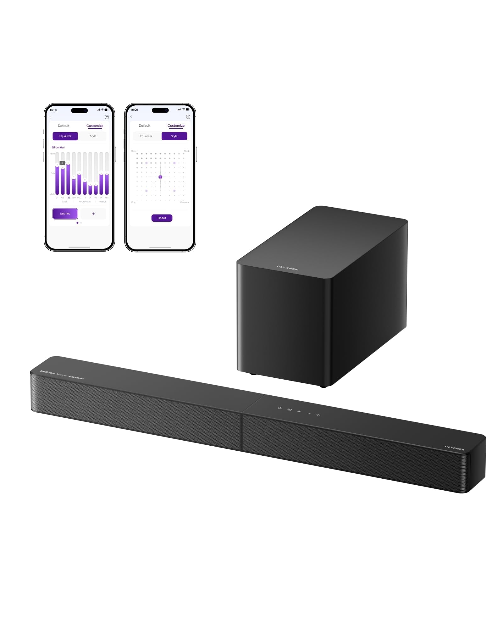 ULTIMEA Barra de sonido envolvente de 5.1 canales con subwoofer, Dolby Atmos, VoiceMX, BassMX, aplicación, barra de sonido de 340 W para Smart TV, sistema de sonido envolvente de cine en casa para TV