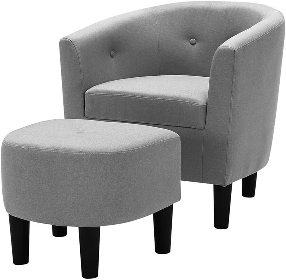 Devion Furniture 57" H Transitional Polyester Fabric Upholstered Button Tufted Accent Chair with Ottoman, Easy Assembly, for Living Room/Home Office, in Light Gray & Black Finish