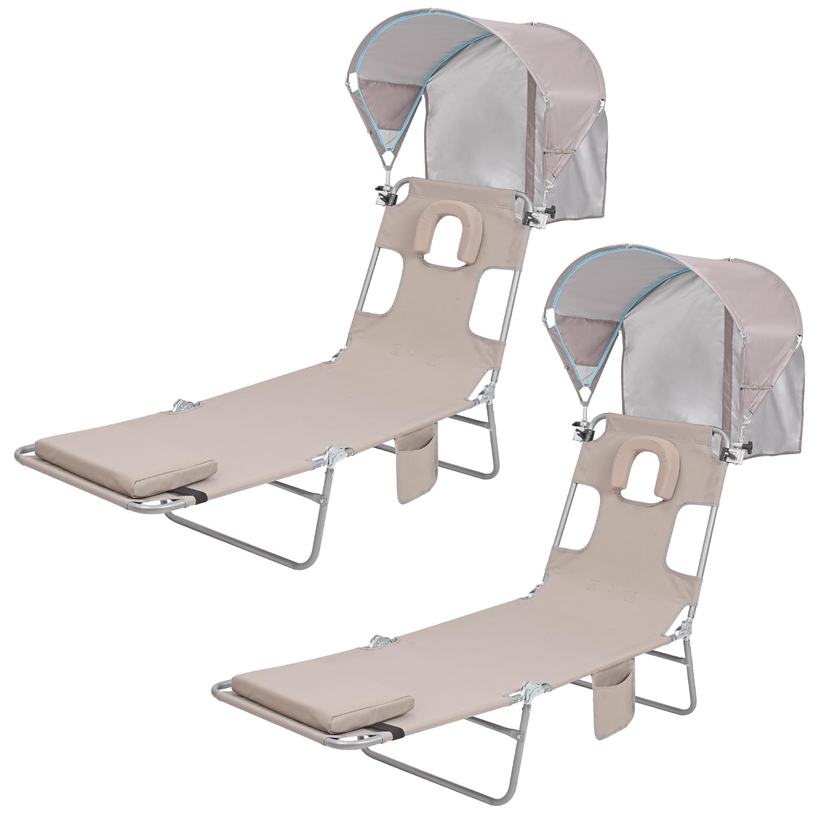 Minndudu Backpack Beach Tanning Chair with Face Hole Sun Canopy Umbrella, Folding Lounge Chair Reclining 6 Position for Outside Adults Reading Sunbathing Poolside Camping, UPF 50+ Sun Shade, 2 Pack