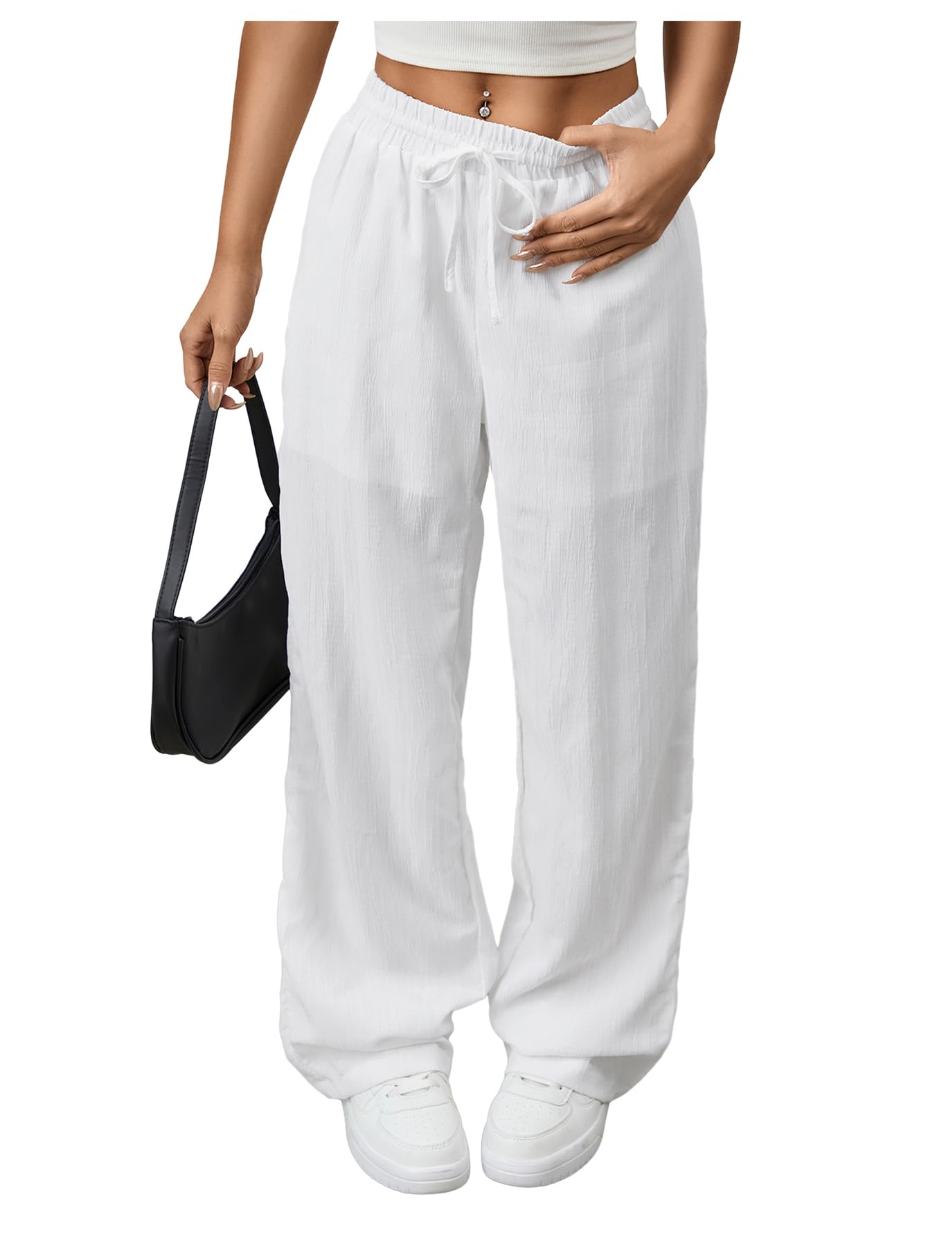 SweatyRocks Womens Textured High Waisted Drawstring Pant Loose Linen Wide Leg Pants Trousers