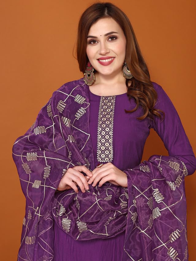 Image of SIRIL Women's Polyester Chinnon Embroidery A-Line Kurta & Sharara & Dupatta