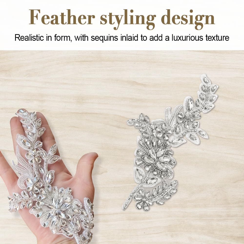Strass Applikation, 2 Stück Stickerei Spitze Aufnäher, Handgefertigt Nähen Flicken für Hochzeitskleid, Brautschleier, DIY-Kleidungsdekoration