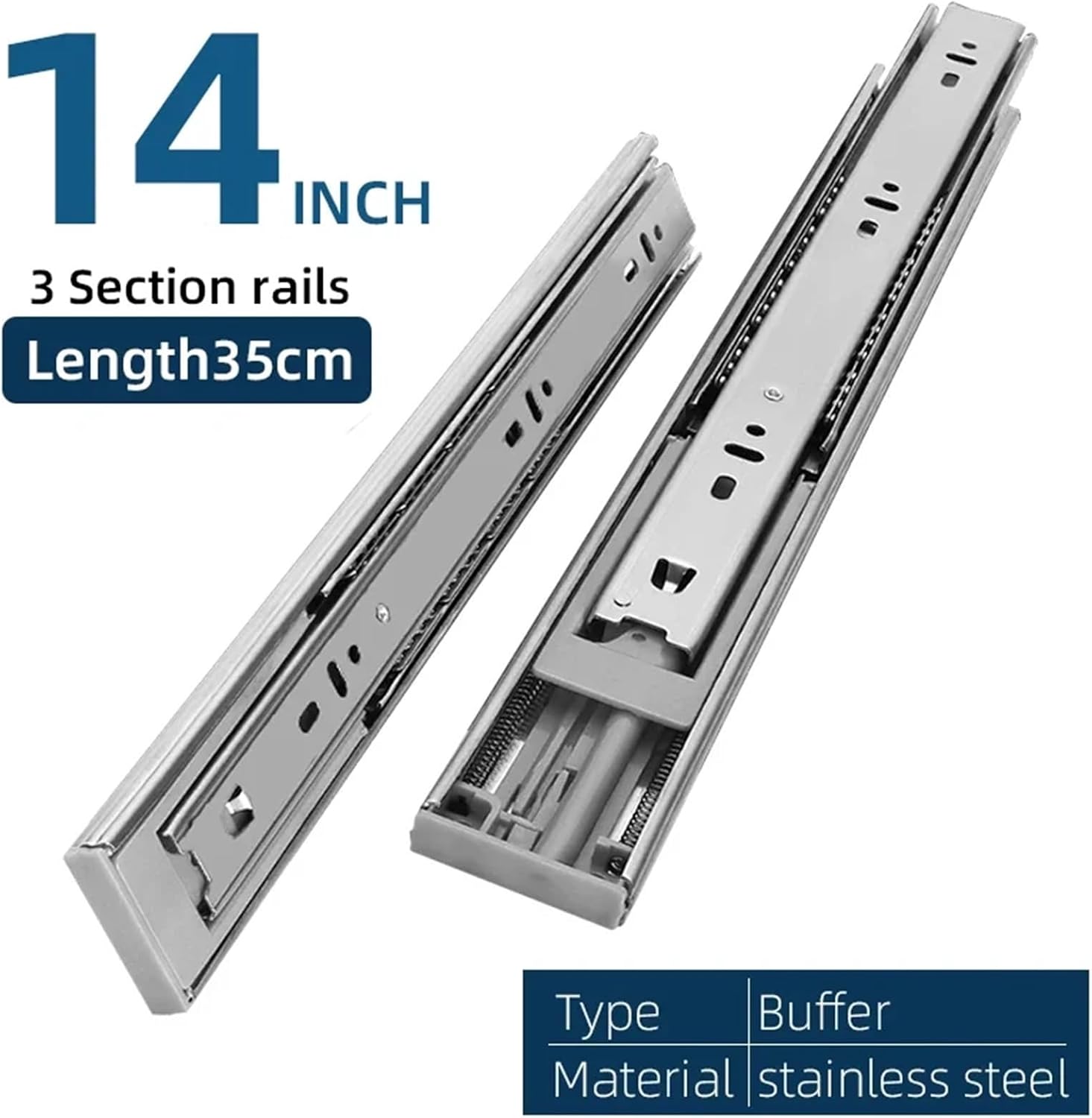 Side Mount Cabinet Runners Glides Stainless Steel Drawer Slides Three Section Rails Furniture Hardware(Buffer 14inch 35cm)