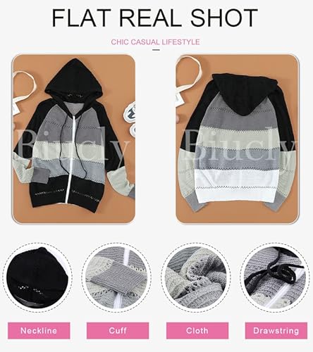 Biucly Womens Stripes Color Block Knit Sweater Zip Up Hoodies Long Sleeve Lightweight Drawstring Jacket Pullover Sweatshirts Sweaters Fall Winter 2022,Us 8-10(M),Black #TOP3