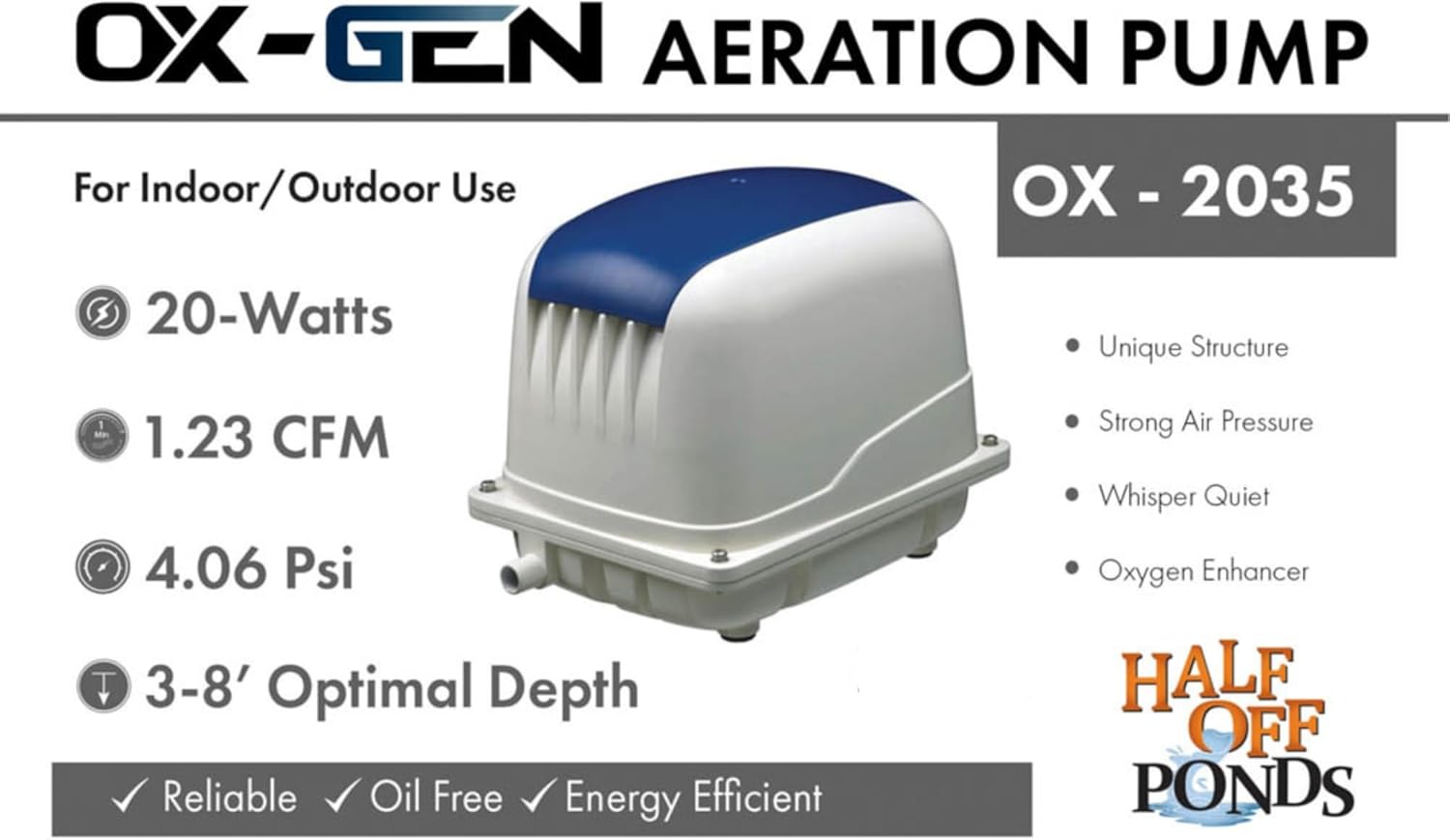 HALF OFF PONDS OX-Gen 2035 Air Pump - 1.23 CFM Diaphragm Aeration Pump for Ponds and Water Gardens