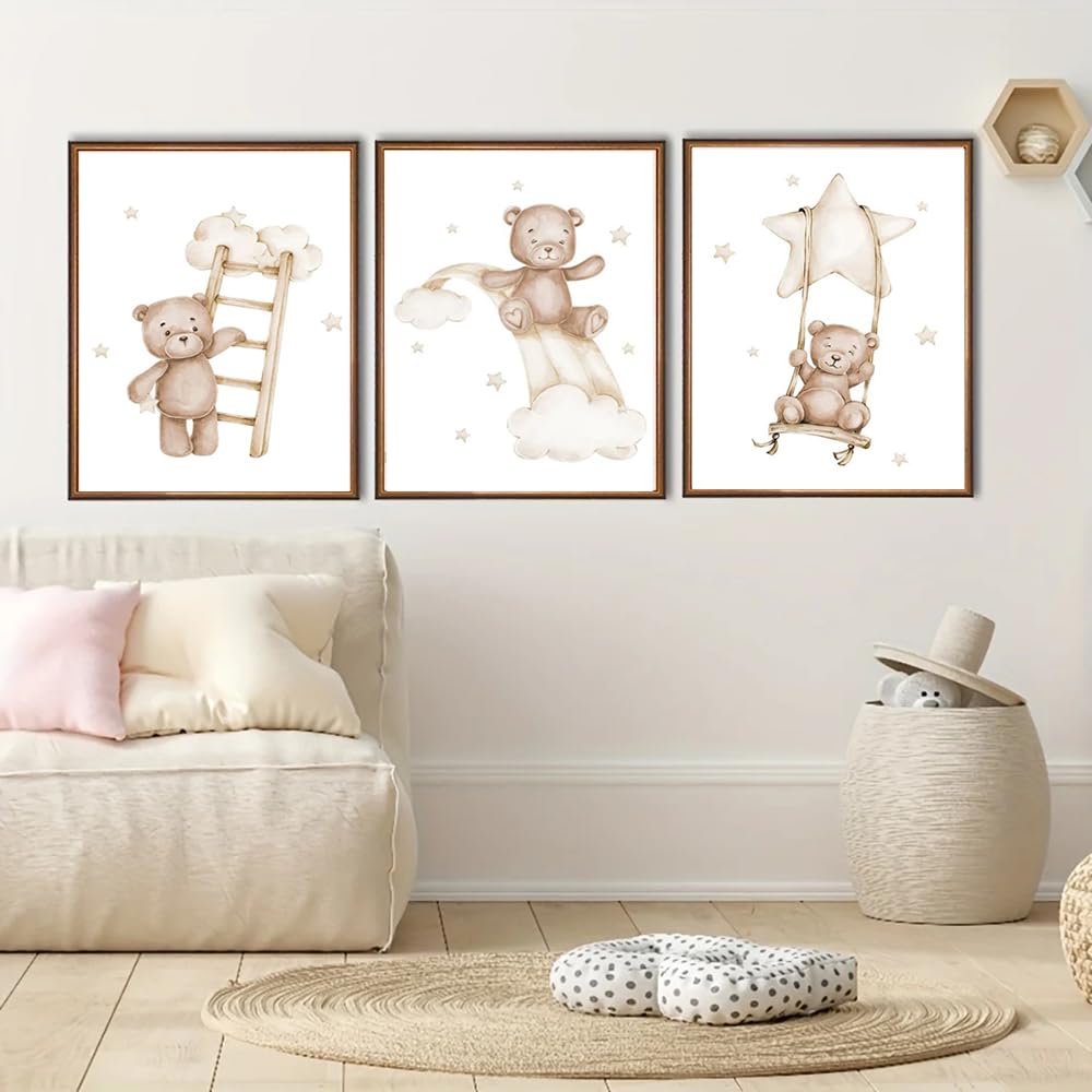 BeiYiHo 3 Affiche Chambre Bébé Beige Deco Ourson Chambre Bebe Tableau Decoration Murale Chambre Garcon 30x40 Poster Ours Chambre Enfant Garcon Cadeau SANS CADRE
