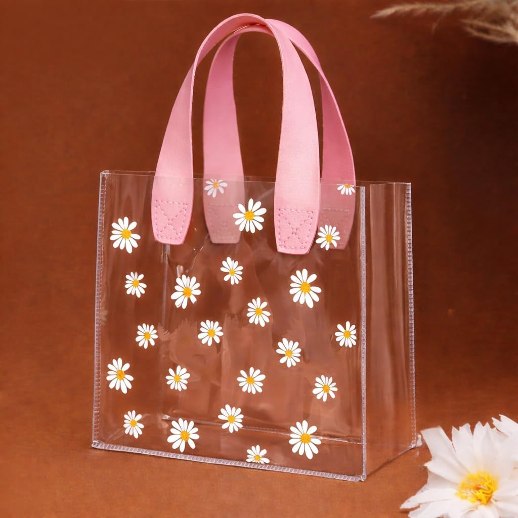 SATYAM KRAFT 6 Pcs Transparent Gift Bag with Floral Print & leather Handle | Gift Bag for Her / Him, Mothers Day, Handle hamper bag, Carry Bags, shopping gift bag, Presents, Packing, Wedding Return Gifts, Birthday, Events, Festivals (Pink, 18 x 20 cm)-image-22