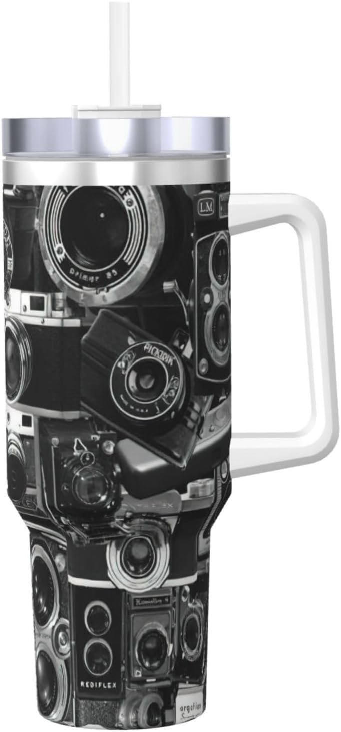 40 OZ Retro Cool Camera Collection Print Ice Bully Cup with Handle Straw Lid Straw,Stainless Steel Tumbler Coffee Cup