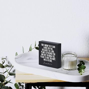 Christian Decor Wood Sign Desk Decor Rustic Motivational Bible Verse Jeremiah 29:11 Black Wooden Box Sign for Home Office Living Room Church Kitchen Bedroom Table Shelf Religious Gifts