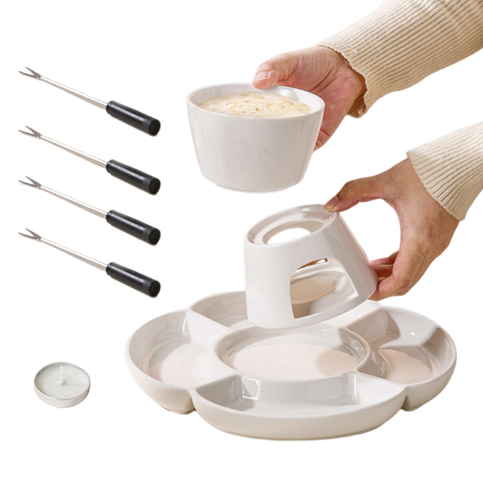 Set Fonduta Cioccolato Ceramica, Riscaldamento A Candela, Fonduta,