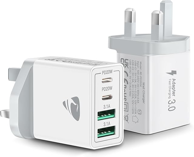 2-Pack USB C Plug, 40W 4-Port Multi USB Plug Fast Charger UK Dual Port PD Power Adapter +QC Wall Charger Multiple Type C Charging Plug for iPhone 15 14 13 12 11 Pro Max SE XS XR 8 7 Plus,Samsung,iPad