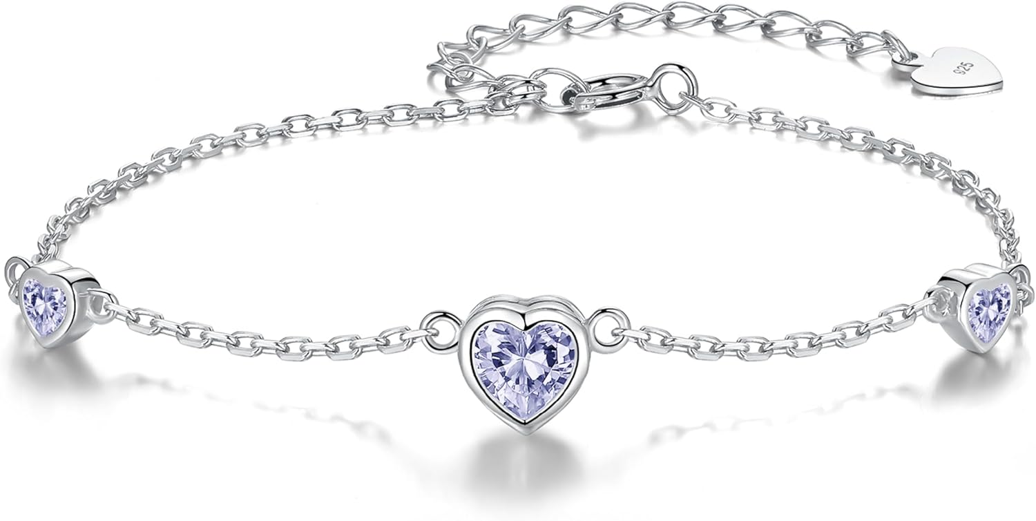 925 Sterling Silver Birthstone Bracelet for Women - Pretty Adjustable Heart Infinity Charm bracelets for Mother Daughter Sisters Bestie - Mother's Day Christmas Anniversary Birthday Gift Jewelry