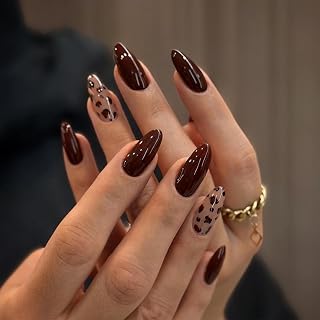 24 Stück Rot Press on Nails Short Mandel, Leopardmuster Kunstnägel