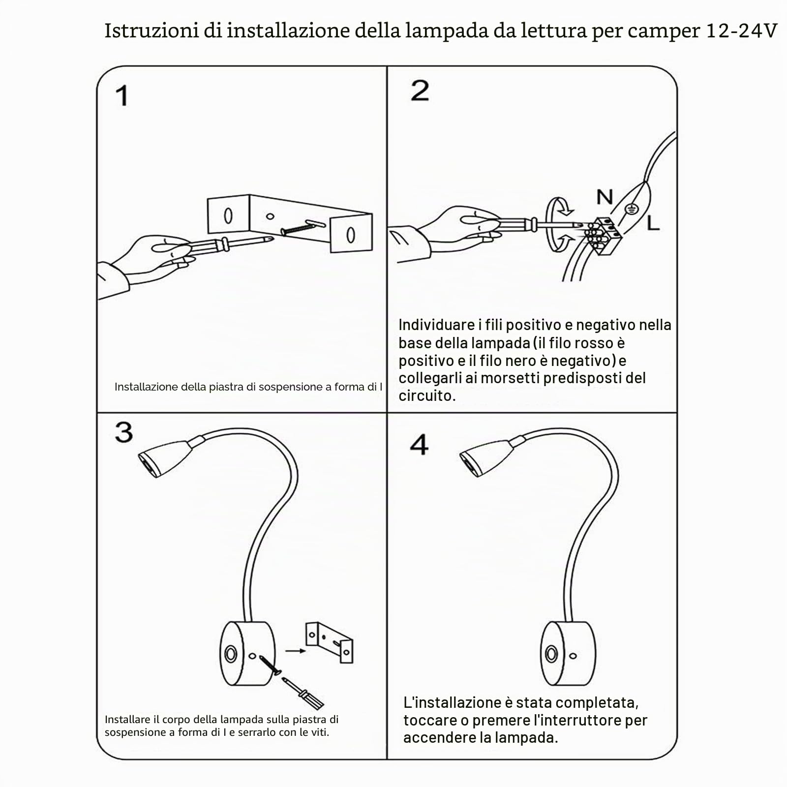 Lampada da lettura a LED 12 V, 3 temperature di colore, 3 W, dimmerabile, collo di cigno flessibile, DC12-24 V, per auto, camion, camper, campeggio, barca (2 pezzi)