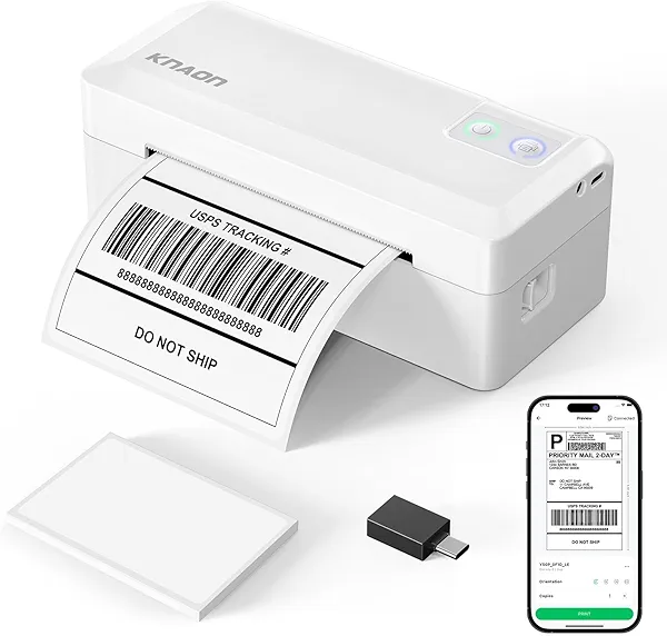 KNAON Shipping Thermal Label Printer, 4x6 Portable Label Printer, Bluetooth Label Maker for Small Business, Support iPhone,Android,Windows,Mac,Chromebook,Works with USPS, Ebay,Shopify&More, White