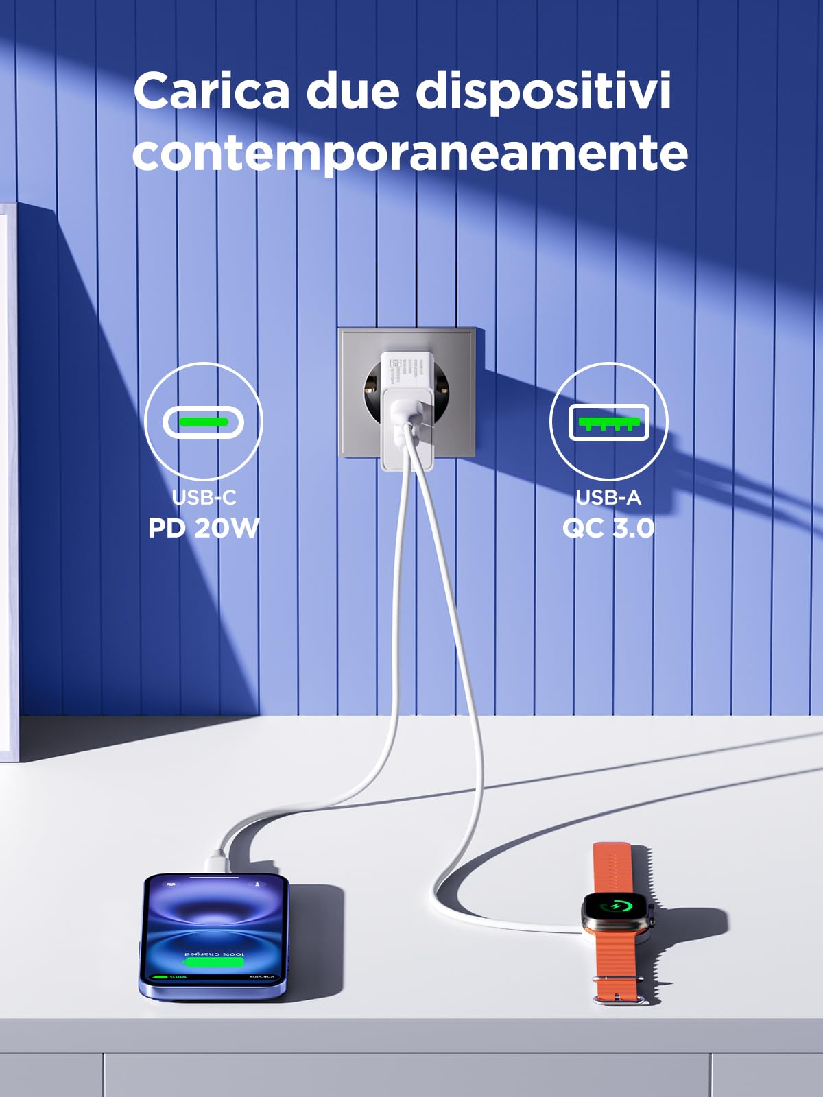Caricatore USB C 20W 2 Pezzi PD QC3.0 Spina Tipo C Alimentatore per iPhone 17 16 15 Samsung Spinotto Muro