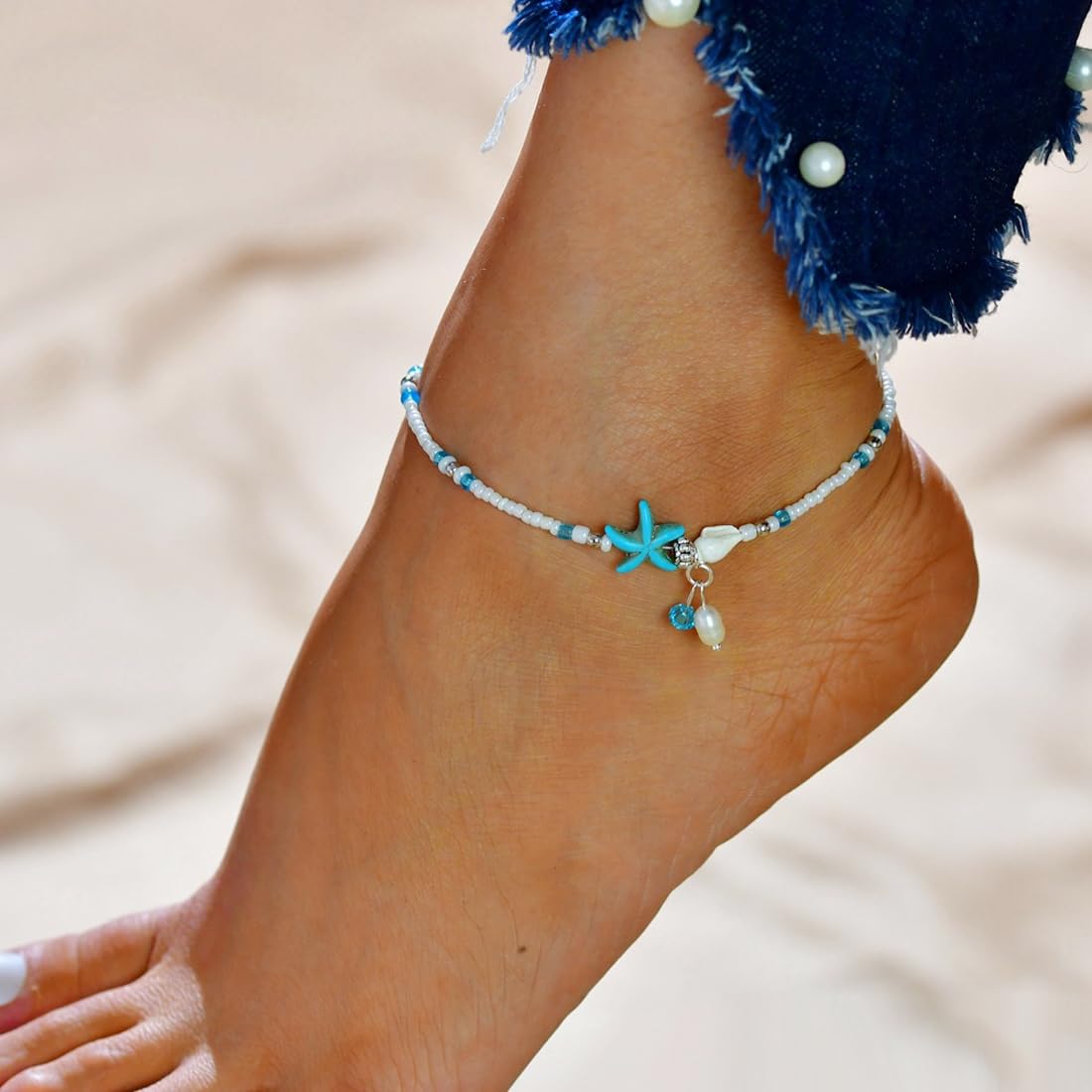 Cavigliera Donna - Boemia Cavigliera - a Due Piani Cavigliere Donna - Cavigliera Con Perline Di Tartaruga Marina Starfish - Accessori Da Spiaggia Per Signore e Ragazze(BT)