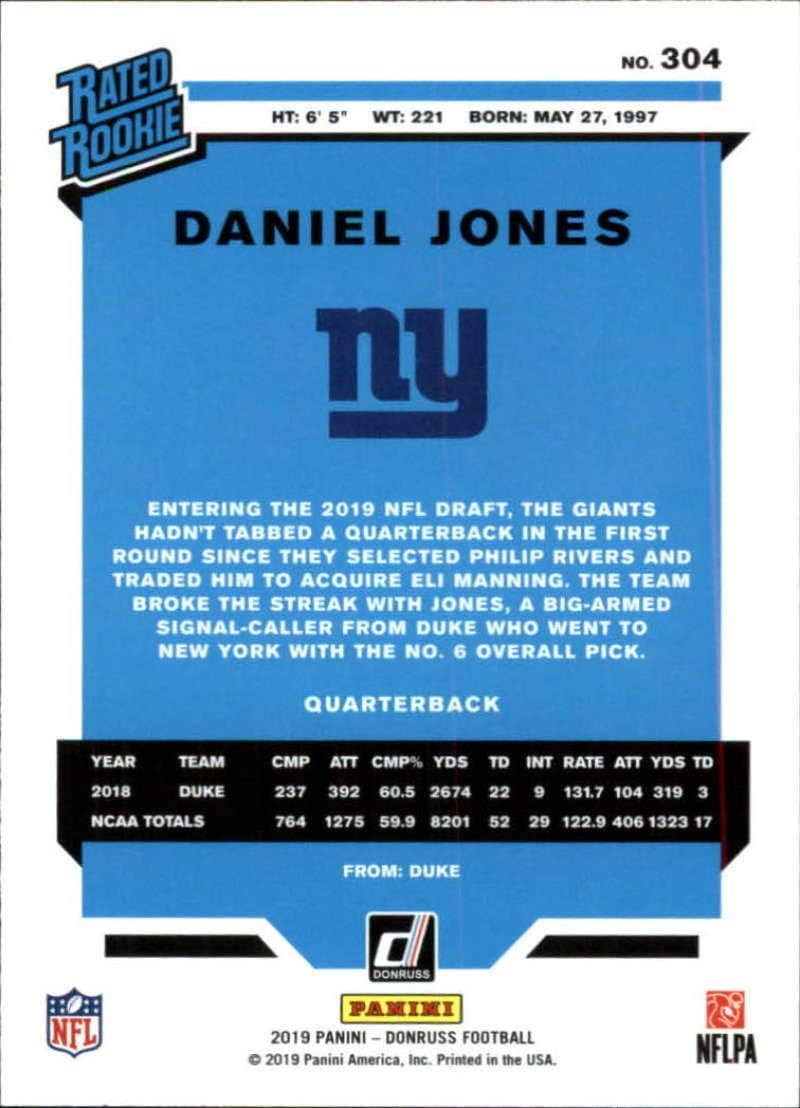 2019 Donruss #304 Daniel Jones New York Giants RC Rookie NFL Football Trading Card