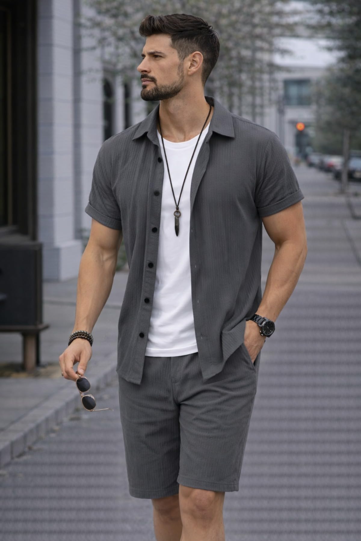 Conjunto corto de dos piezas para hombre, camisa con botones y pantalones cortos con cordón a juego, estilo casual para uso diario, viajes