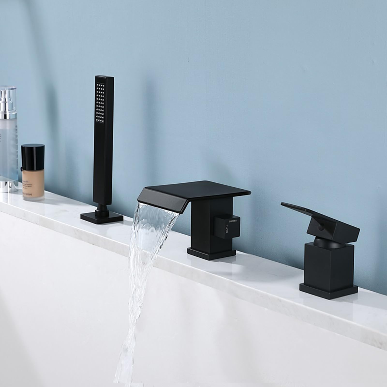 SnamicE 3 Hole Bath Taps Black Waterfall Bath Shower Mixer Taps + Shower Kit Single Lever Bathtub Faucet,Black