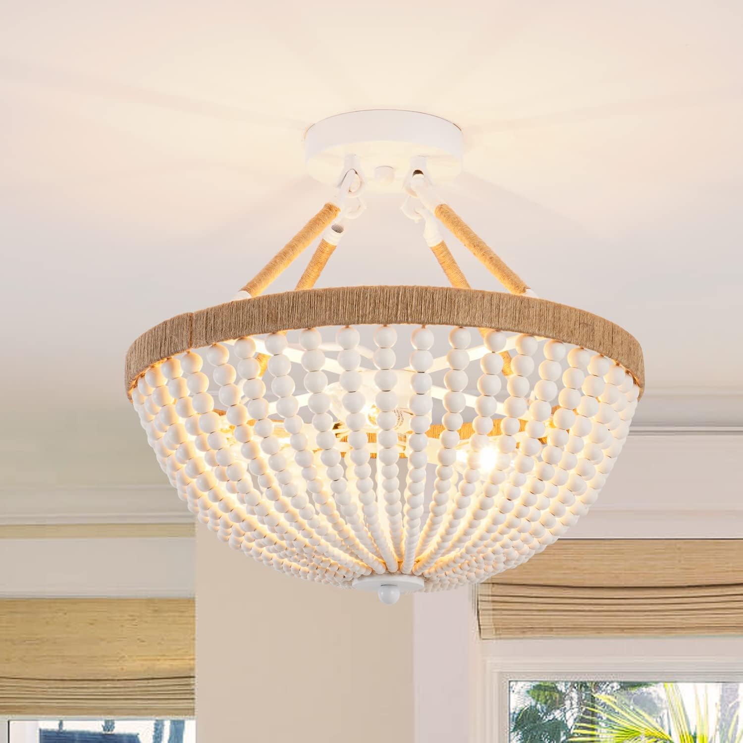 Wood Beaded Mini Chandelier Farmhouse Bohemia Semi Flush Mount Ceiling Light Rustic 3-Light Ceiling Lighting Fixtures for Bedroom Dining Nursery Room Girl Room Hallway, White, Dia 15 Inch
