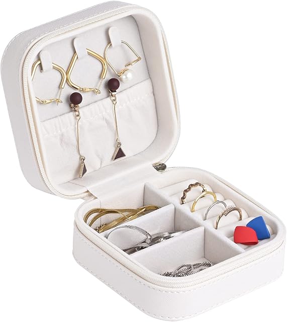 SANQIANWAN Luxury Travel Jewelry Box Women Small Jewelry Box Faux Leather Jewelry Box PU Jewelry Storage Jewelry Box to Store Ring Bracelet Earring Necklace (White)