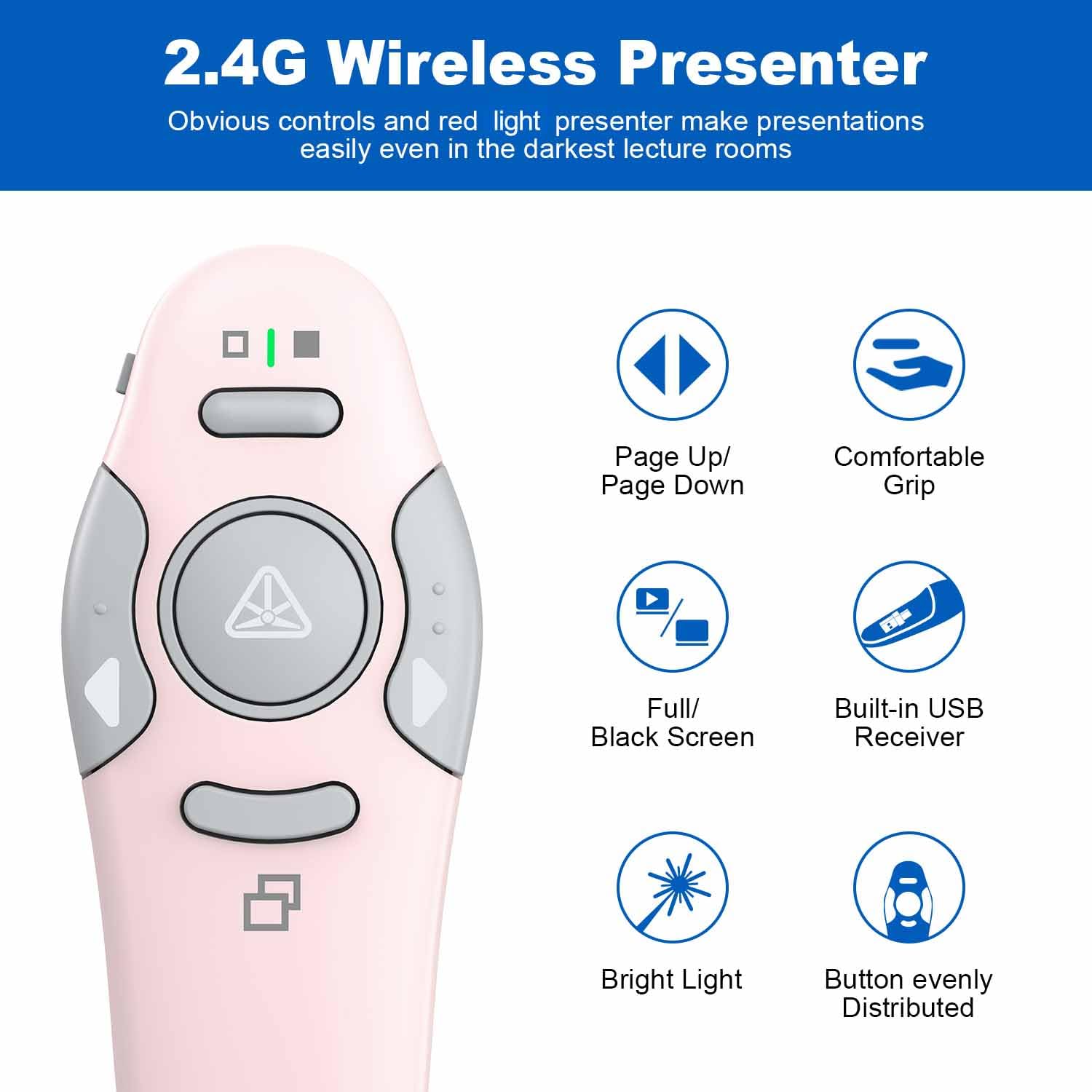 Qui Presentation Clicker Pointer, 328FT Wireless Presenter Remote PPT PowerPoint Clicker, 2.4GHz Presentation Pointer Slide Advancer for Mac, Laptop (Pink) - Image 2