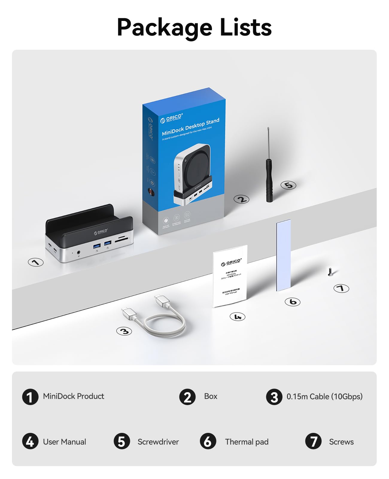 ORICO MiniDock Mac Mini M4 Dock & Support mit Boîtier SSD NVMe, USB C Hub mit 2 USB-A 10Gbps, SD/TF 3.0, Accessoire Parfait pour Mac Mini M4/M4 Pro - VSE