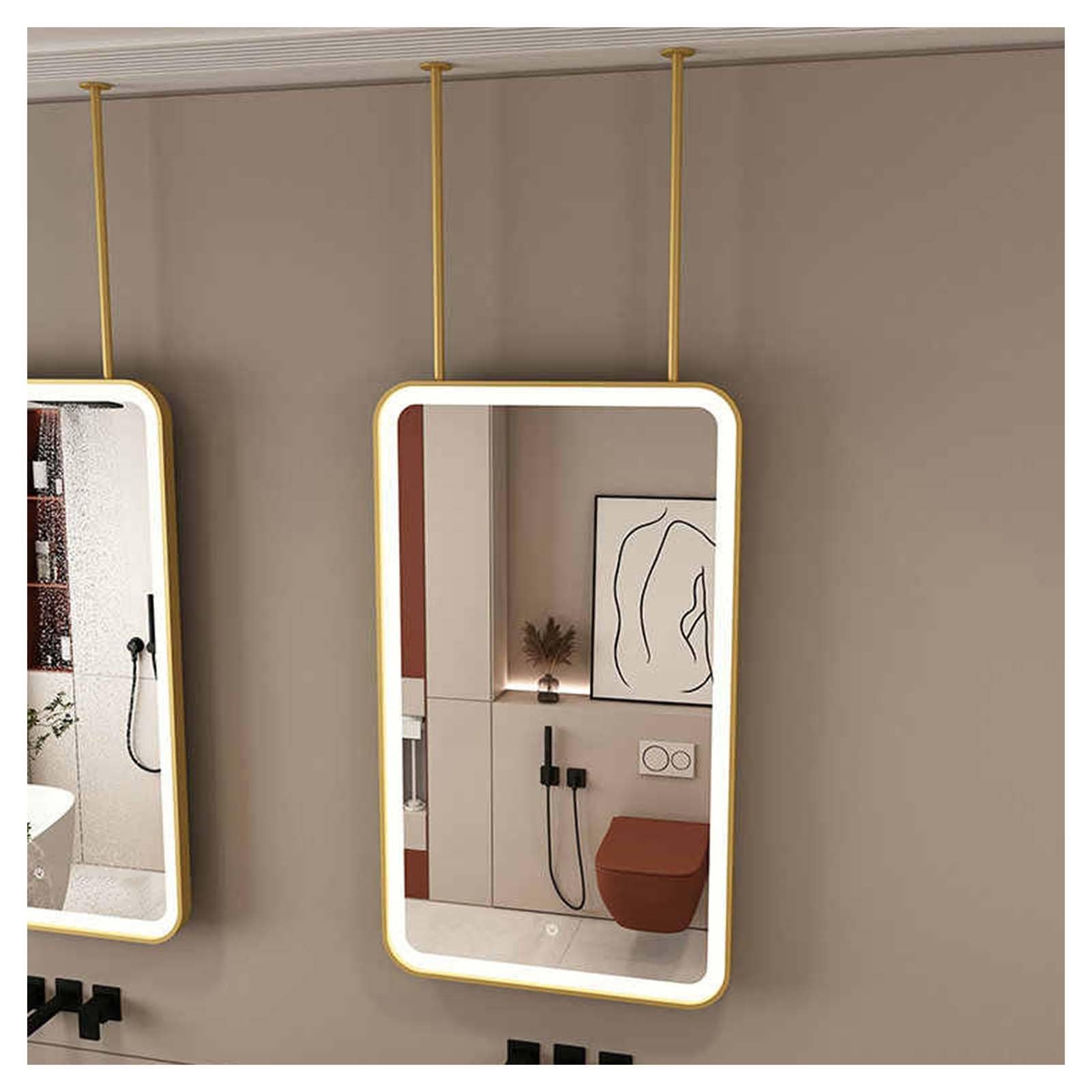 FGXHHS Rectangular Ceiling Hanging Mirror Bathroom With LED Light, Suspended Large Decorative(Gold,60x100cm)