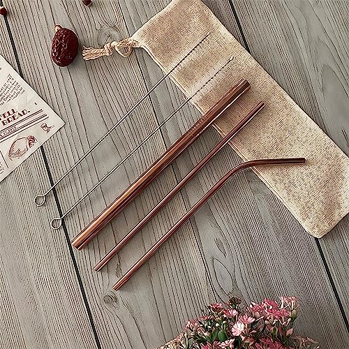 Image of Honeyfur Colorful Stainless Steel Straws with Cleaning Brush for Kids & Adults | Bent Metal Straws | Free Cloth Pouch (Pack of 3 Straws & 2 Brush, Rose Gold)