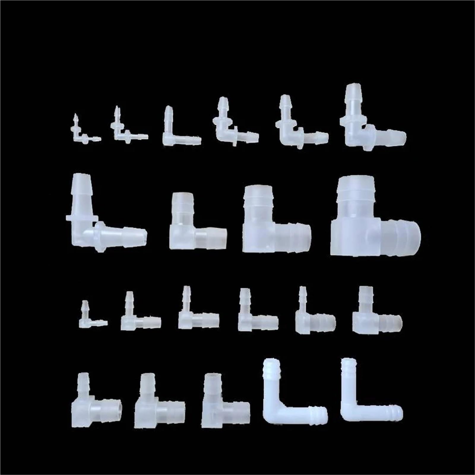 Raccord de tuyau d'arrosage en forme de L, 50 pièces, coude réducteur cannelé en plastique de 2,4 mm, 3,2 mm, 6 mm, 8 mm, 10 mm, 12 mm, 14 mm(12mm to 10mm)