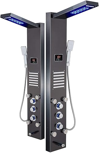 ELLO&ALLO Sistema de torre de panel de ducha LED, pantalla hidroeléctrica, masaje de lluvia con chorros, negro cepillado