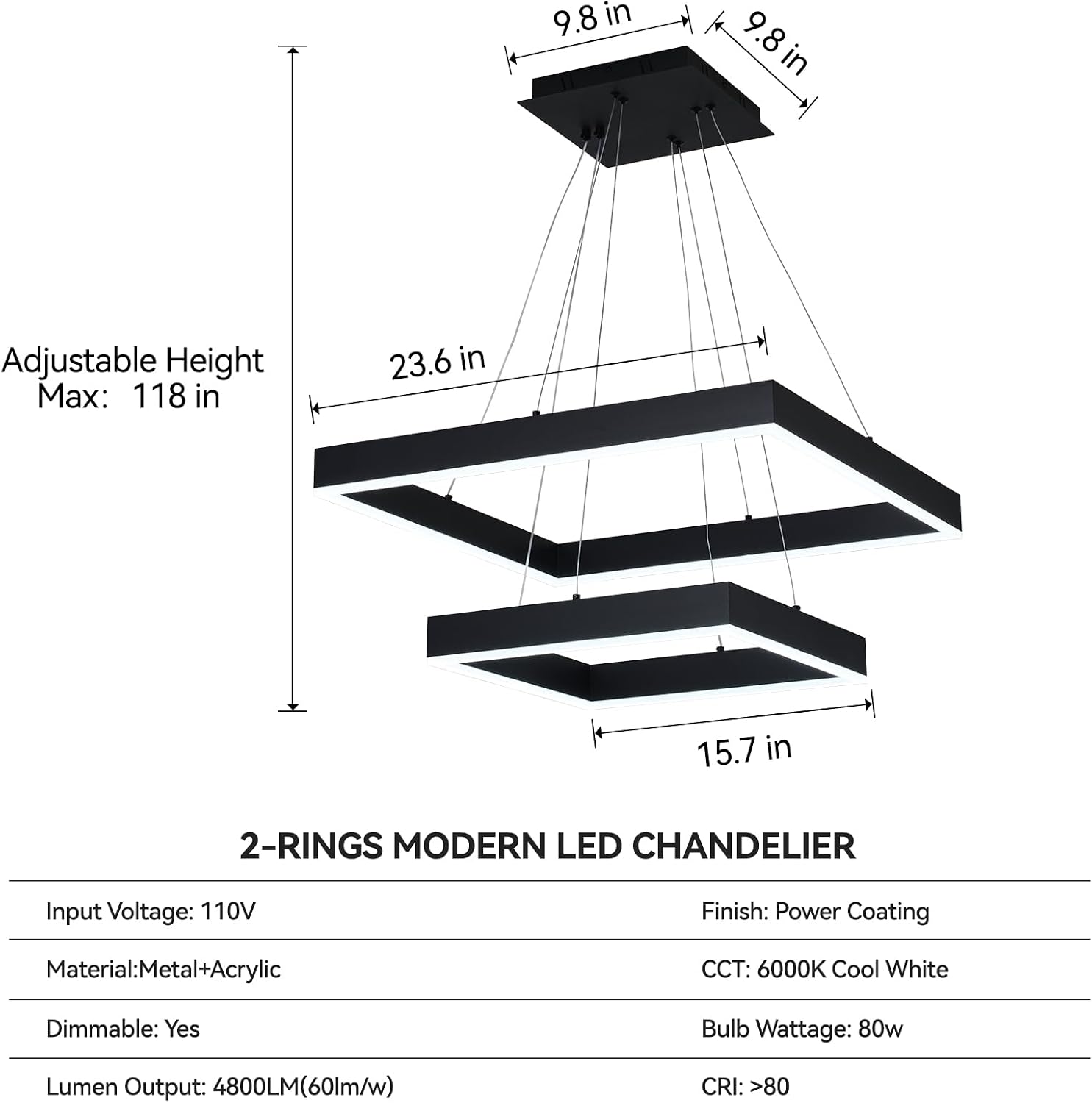 Modern 2-Tier Square LED Chandelier, 24 inch Black Geometric Pendant Light with Remote & App Control, Stepless Dimmable, Adjustable Height, Sloped Ceiling Compatible, Pre-Assembled Light Fixture